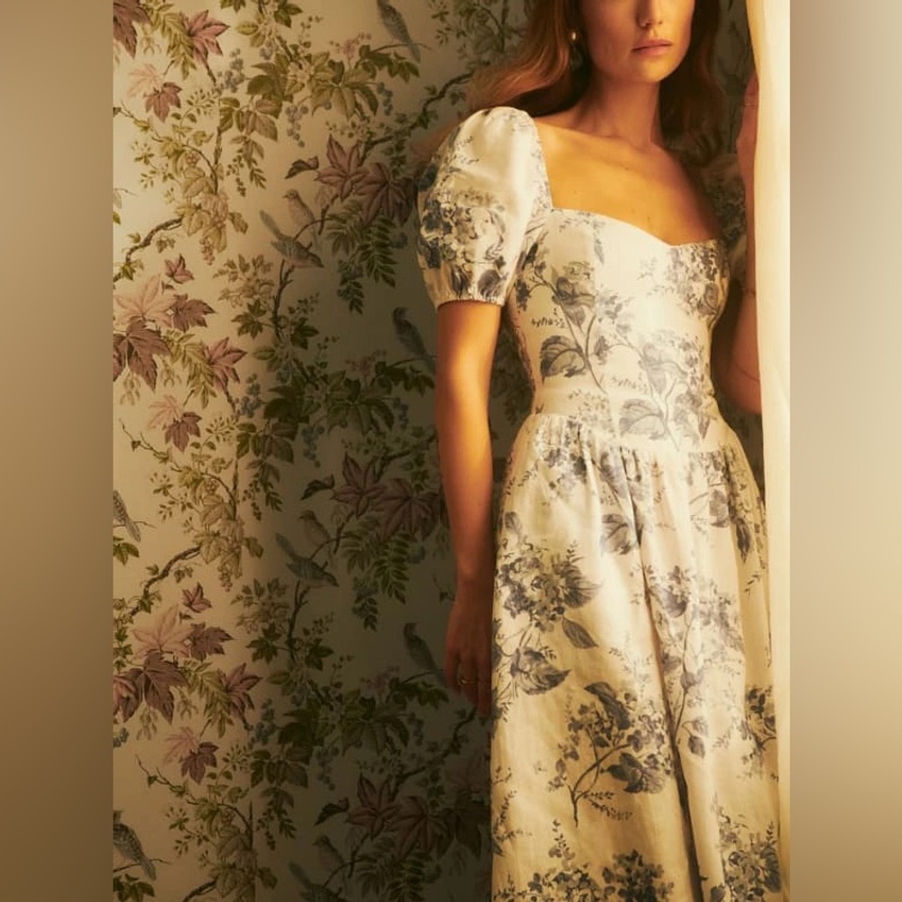 Reformation Cream Midi Dress with Blue Floral Print - Picture 3 of 15